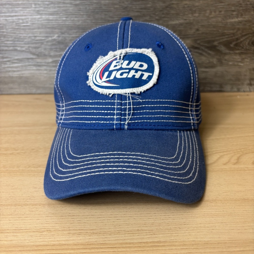 Bud Light Hat Cap Strap Back Blue Distressed Outdoors Adjustable